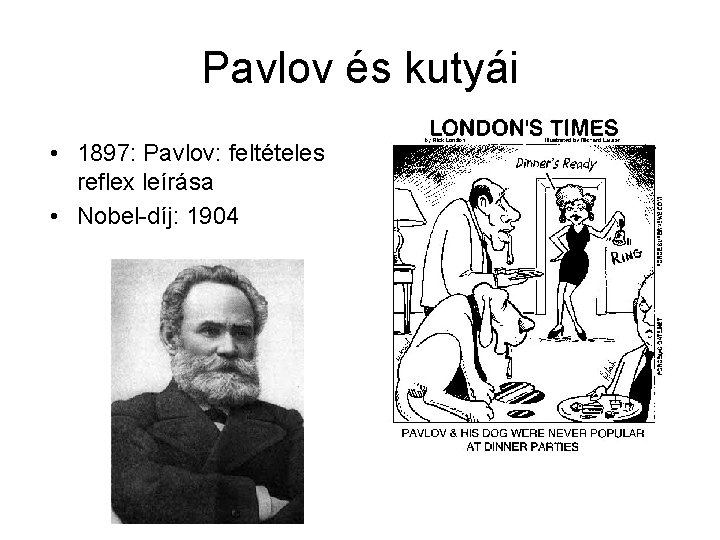 Pavlov és kutyái • 1897: Pavlov: feltételes reflex leírása • Nobel-díj: 1904 