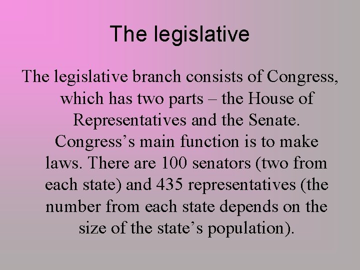 The legislative branch consists of Congress, which has two parts – the House of
