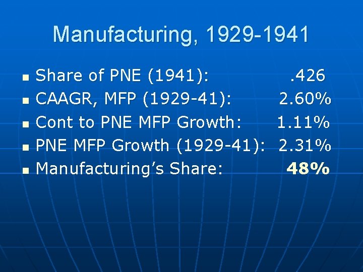 Manufacturing, 1929 -1941 n n n Share of PNE (1941): CAAGR, MFP (1929 -41):