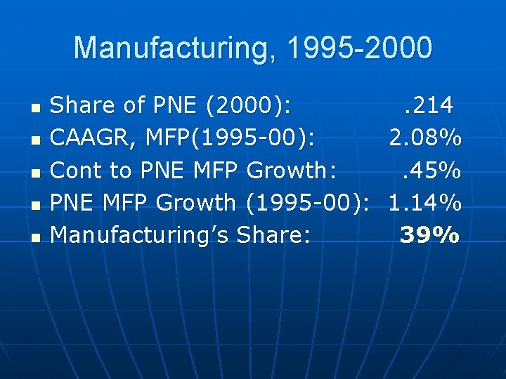 Manufacturing, 1995 -2000 n n n Share of PNE (2000): CAAGR, MFP(1995 -00): Cont