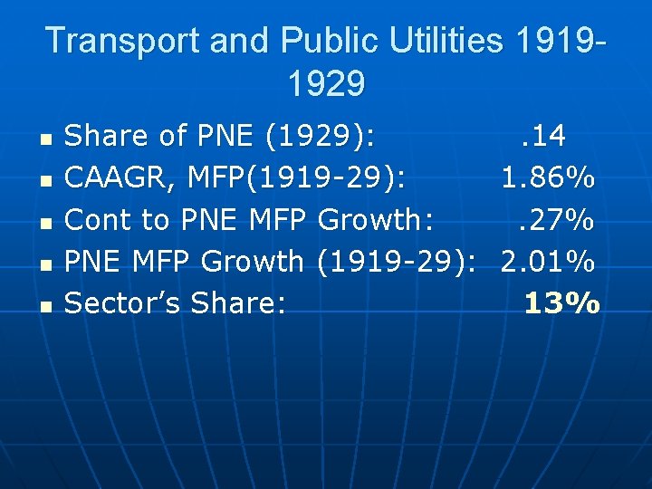 Transport and Public Utilities 19191929 n n n Share of PNE (1929): CAAGR, MFP(1919