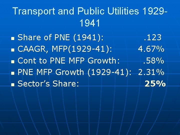 Transport and Public Utilities 19291941 n n n Share of PNE (1941): CAAGR, MFP(1929