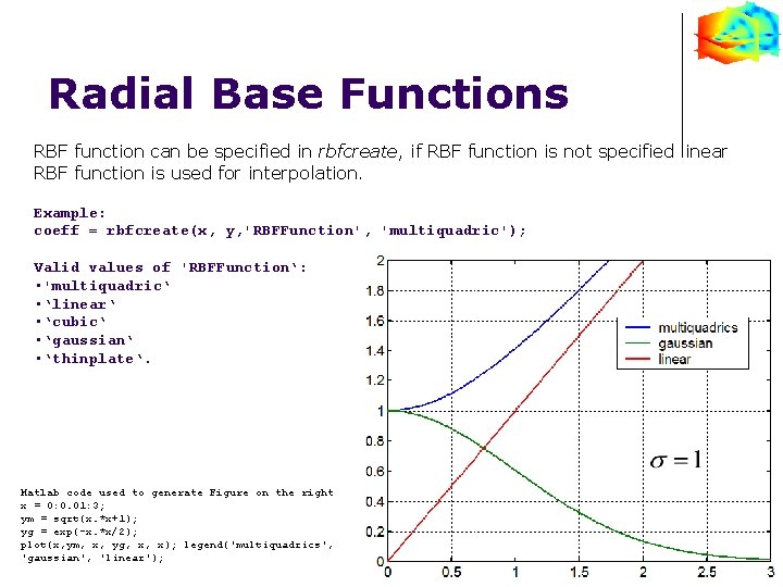 Radial Base Functions RBF function can be specified in rbfcreate, if RBF function is