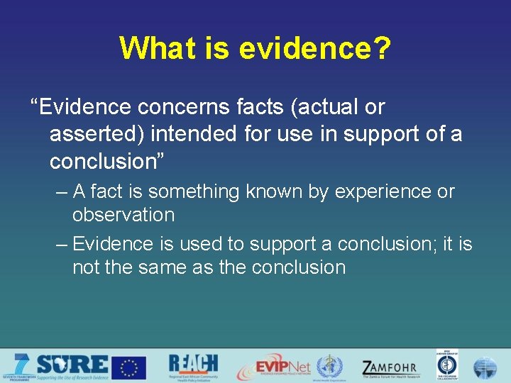 What is evidence? “Evidence concerns facts (actual or asserted) intended for use in support