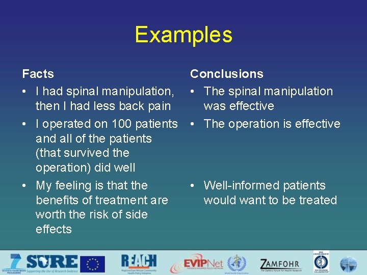 Examples Facts • I had spinal manipulation, then I had less back pain •