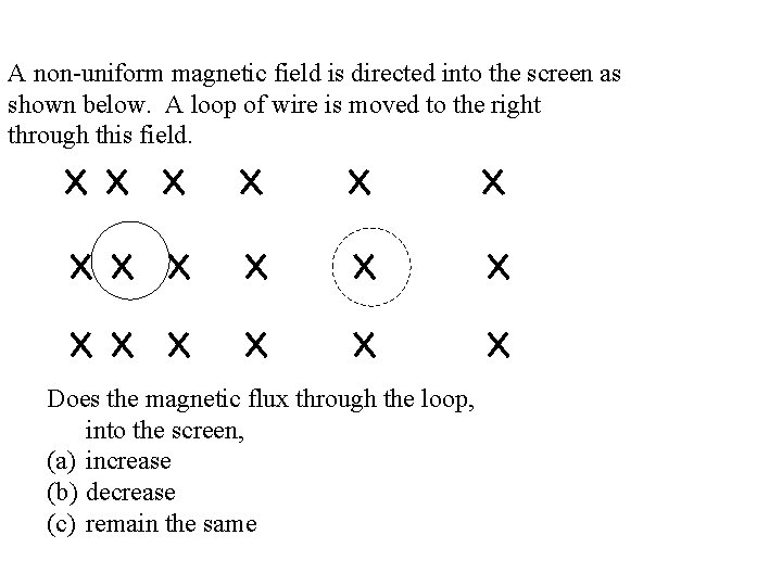 A non-uniform magnetic field is directed into the screen as shown below. A loop