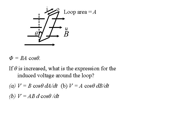 i o Loop area = A θ Φ = BA cosθ. If θ is