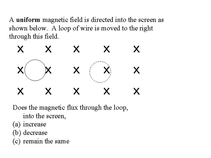 A uniform magnetic field is directed into the screen as shown below. A loop