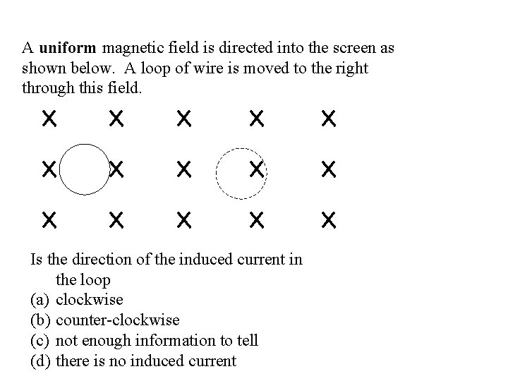 A uniform magnetic field is directed into the screen as shown below. A loop