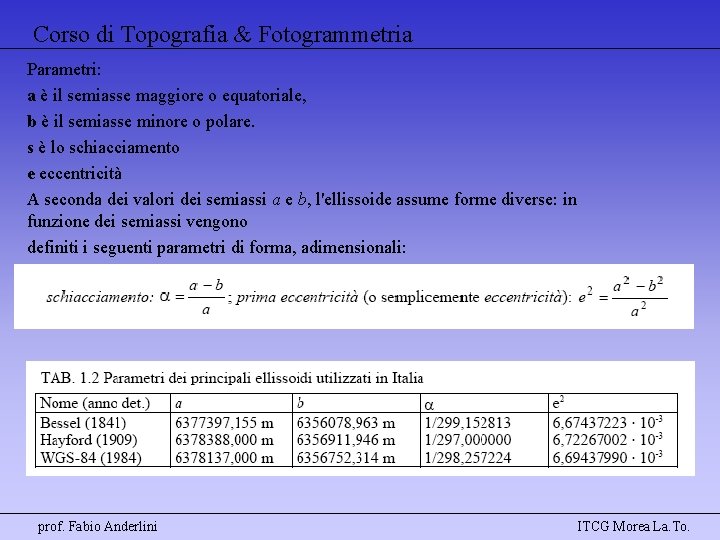 Corso di Topografia & Fotogrammetria Parametri: a è il semiasse maggiore o equatoriale, b