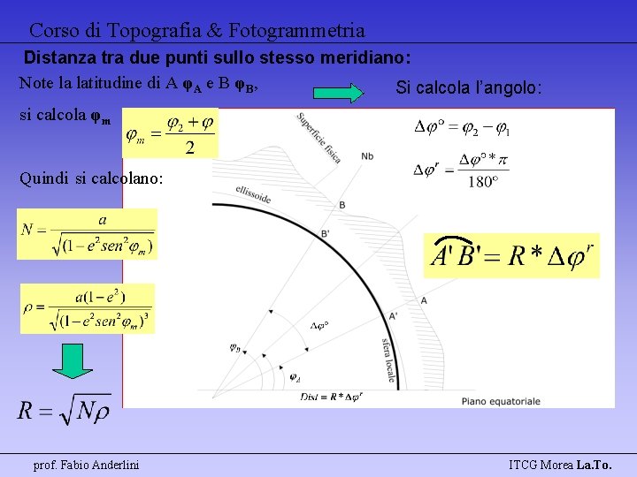 Corso di Topografia & Fotogrammetria Distanza tra due punti sullo stesso meridiano: Note la