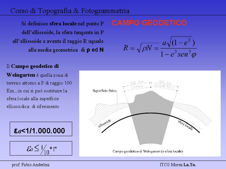 Corso di Topografia & Fotogrammetria Si definisce sfera locale nel punto P CAMPO GEODETICO