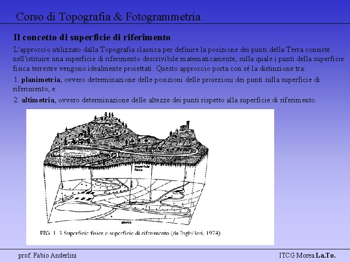Corso di Topografia & Fotogrammetria Il concetto di superficie di riferimento L'approccio utilizzato dalla
