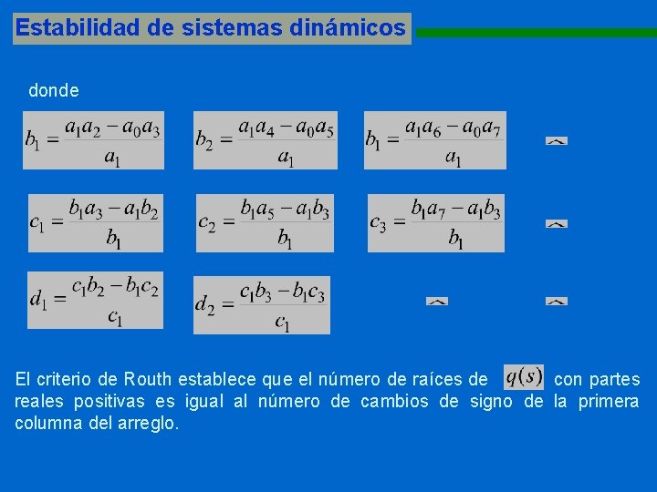 Estabilidad de sistemas dinámicos 1111111111111111111111111111 donde El criterio de Routh establece que el número