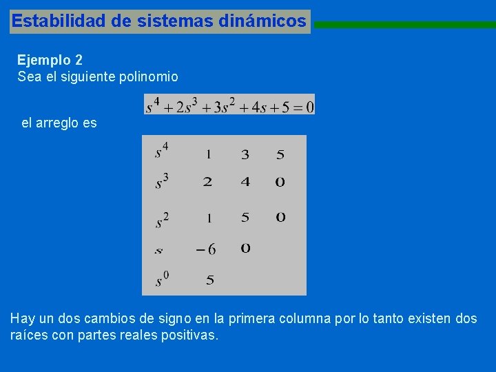 Estabilidad de sistemas dinámicos 1111111111111111111111111111 Ejemplo 2 Sea el siguiente polinomio el arreglo es