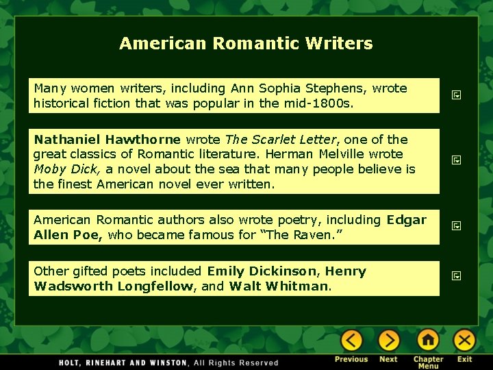 American Romantic Writers Many women writers, including Ann Sophia Stephens, wrote historical fiction that American Romantic Writers Many women writers, including Ann Sophia Stephens, wrote historical fiction that