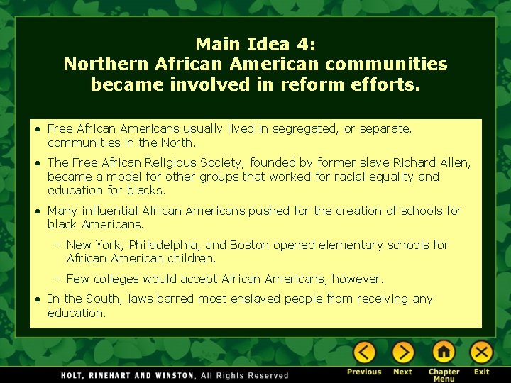 Main Idea 4: Northern African American communities became involved in reform efforts. • Free Main Idea 4: Northern African American communities became involved in reform efforts. • Free