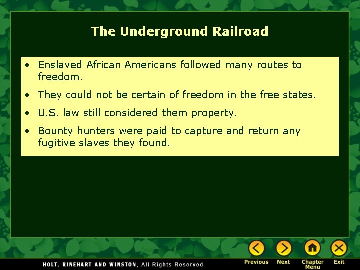 The Underground Railroad • Enslaved African Americans followed many routes to freedom. • They The Underground Railroad • Enslaved African Americans followed many routes to freedom. • They