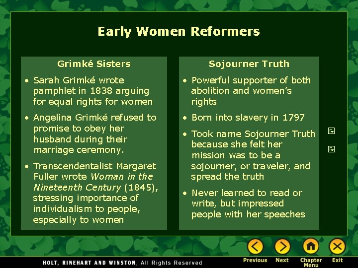 Early Women Reformers Grimké Sisters Sojourner Truth • Sarah Grimké wrote pamphlet in 1838 Early Women Reformers Grimké Sisters Sojourner Truth • Sarah Grimké wrote pamphlet in 1838