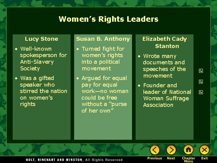 Women’s Rights Leaders Lucy Stone Susan B. Anthony • Well-known spokesperson for Anti-Slavery Society Women’s Rights Leaders Lucy Stone Susan B. Anthony • Well-known spokesperson for Anti-Slavery Society