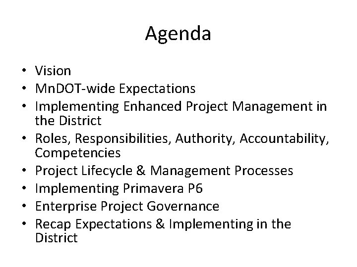 Agenda • Vision • Mn. DOT-wide Expectations • Implementing Enhanced Project Management in the