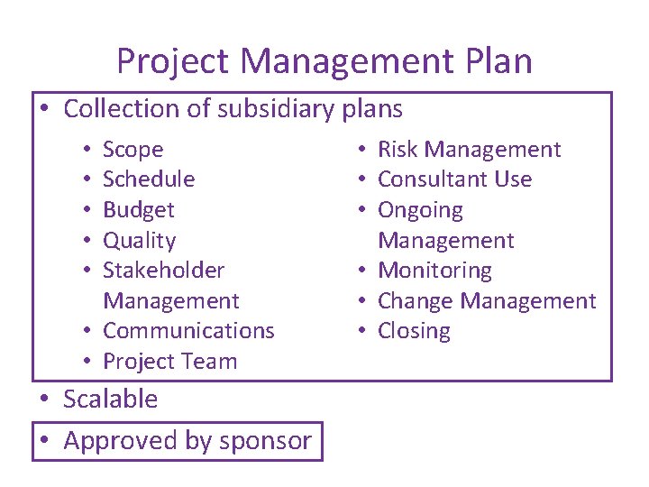 Project Management Plan • Collection of subsidiary plans Scope Schedule Budget Quality Stakeholder Management