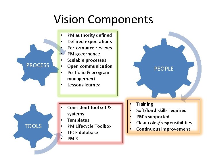 Vision Components PROCESS TOOLS PM authority defined Defined expectations Performance reviews PM governance Scalable