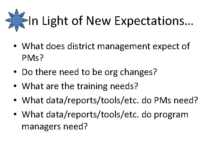 In Light of New Expectations… • What does district management expect of PMs? •