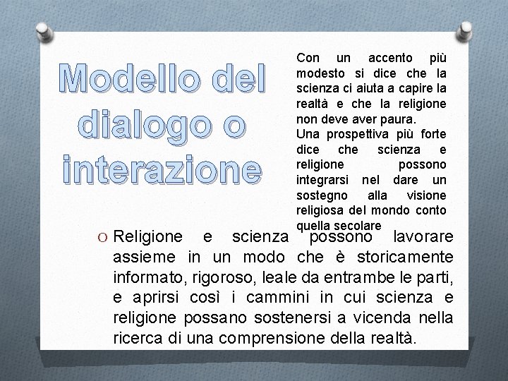 Modello del dialogo o interazione O Religione Con un accento più modesto si dice