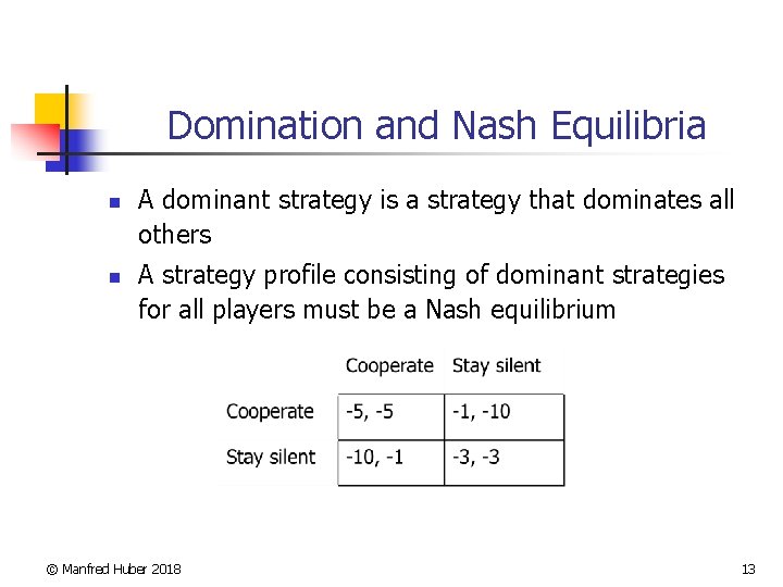 Domination and Nash Equilibria n n A dominant strategy is a strategy that dominates