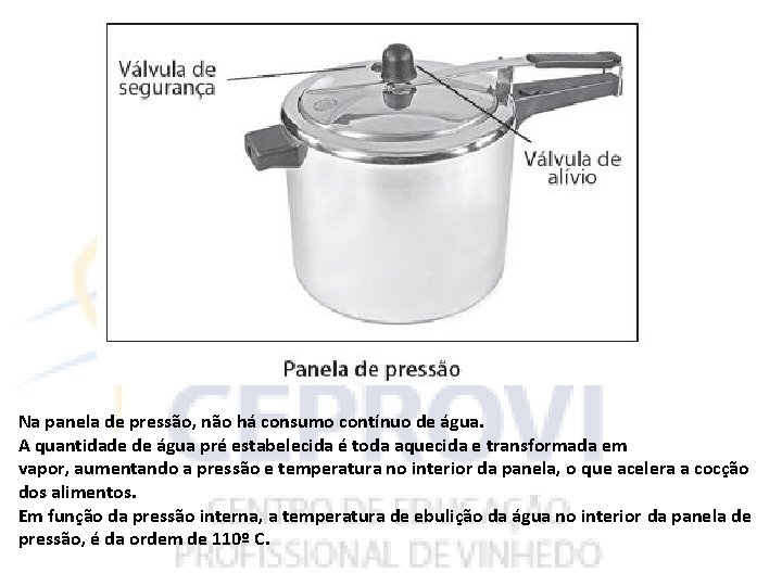 Na panela de pressão, não há consumo contínuo de água. A quantidade de água