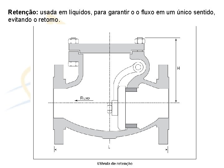 Retenção: usada em líquidos, para garantir o o fluxo em um único sentido, evitando