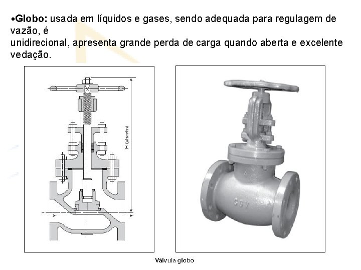  • Globo: usada em líquidos e gases, sendo adequada para regulagem de vazão,