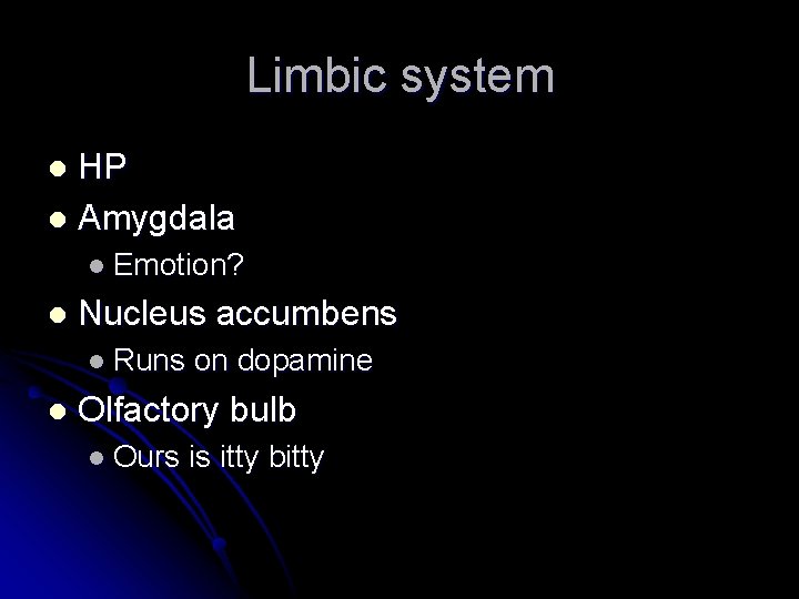 Limbic system HP l Amygdala l l Emotion? l Nucleus accumbens l Runs l