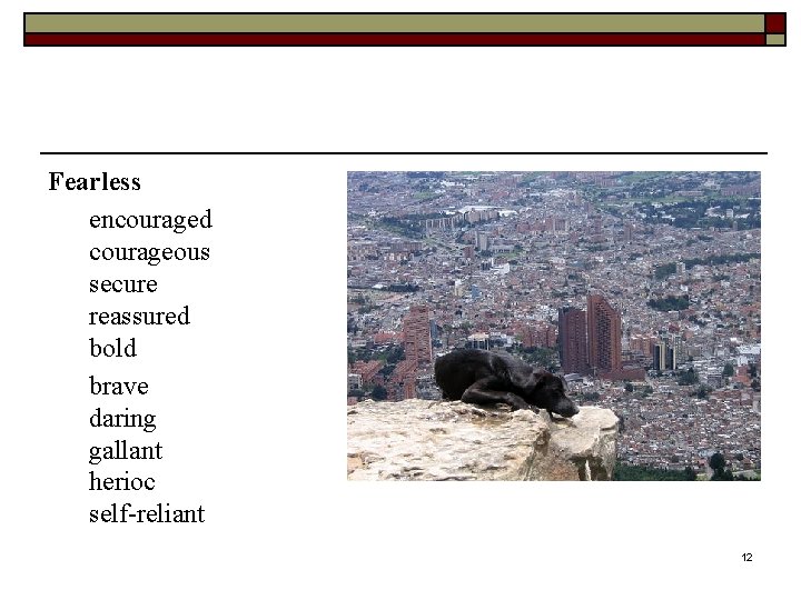 Fearless encouraged courageous secure reassured bold brave daring gallant herioc self-reliant 12 