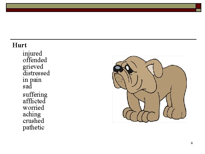 Hurt injured offended grieved distressed in pain sad suffering afflicted worried aching crushed pathetic
