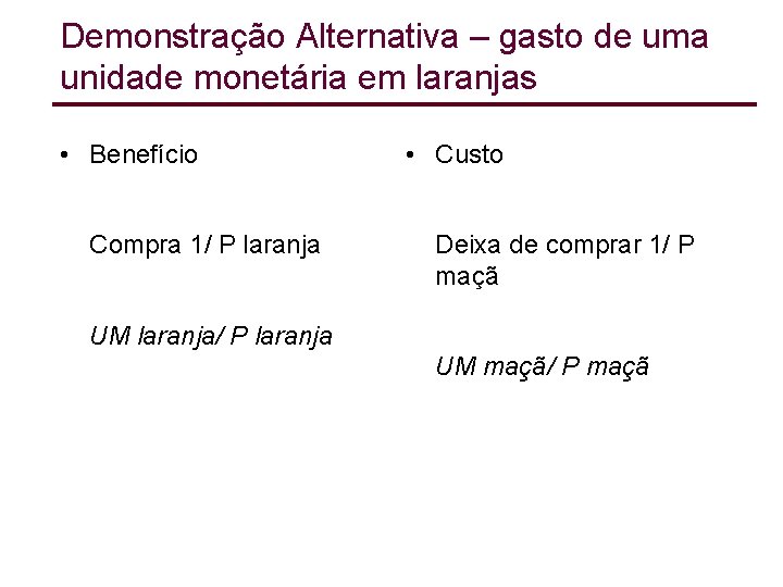 Demonstração Alternativa – gasto de uma unidade monetária em laranjas • Benefício Compra 1/ Demonstração Alternativa – gasto de uma unidade monetária em laranjas • Benefício Compra 1/