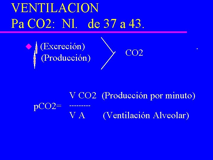 VENTILACION Pa CO 2: Nl. de 37 a 43. u (Excreción) - (Producción) CO