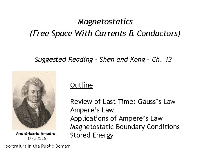 Magnetostatics (Free Space With Currents & Conductors) Suggested Reading - Shen and Kong –