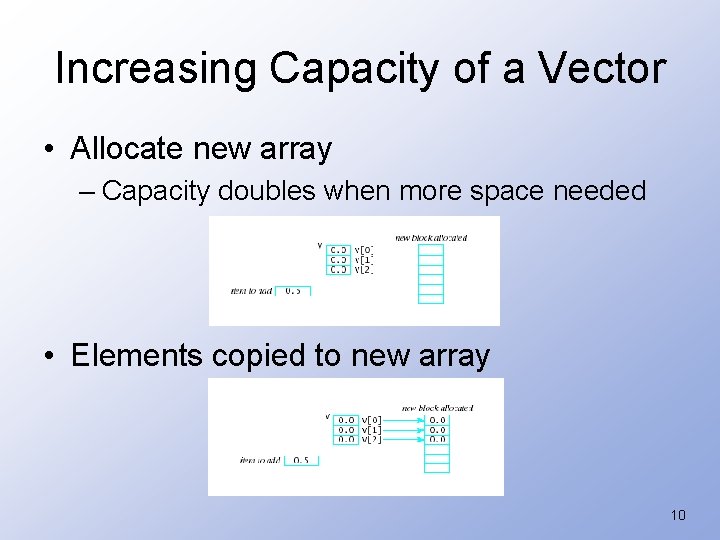 Increasing Capacity of a Vector • Allocate new array – Capacity doubles when more