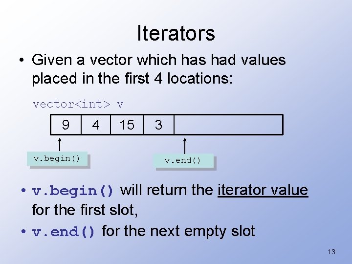 Iterators • Given a vector which has had values placed in the first 4