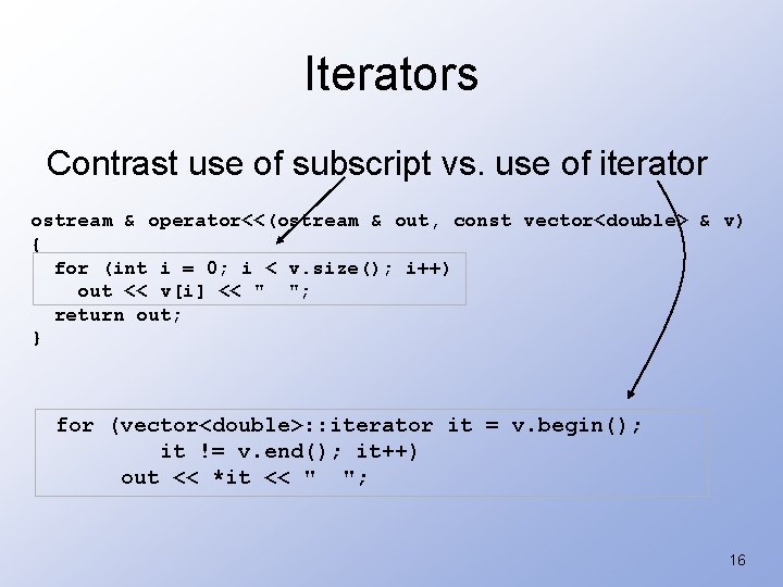 Iterators Contrast use of subscript vs. use of iterator ostream & operator<<(ostream & out,