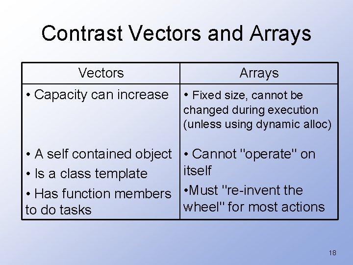 Contrast Vectors and Arrays Vectors • Capacity can increase Arrays • Fixed size, cannot