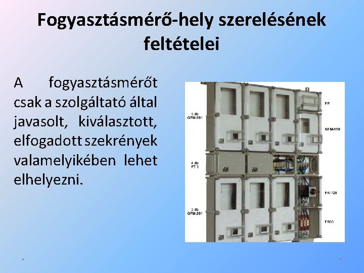 Fogyasztásmérő-hely szerelésének feltételei A fogyasztásmérőt csak a szolgáltató által javasolt, kiválasztott, elfogadott szekrények valamelyikében Fogyasztásmérő-hely szerelésének feltételei A fogyasztásmérőt csak a szolgáltató által javasolt, kiválasztott, elfogadott szekrények valamelyikében