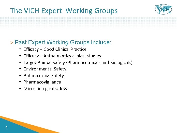 The VICH Expert Working Groups > Past Expert Working Groups include: • • 7