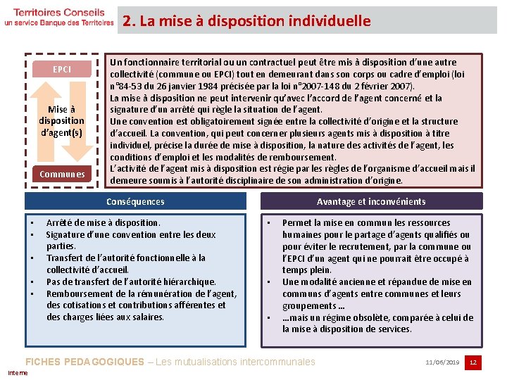 2. La mise à disposition individuelle EPCI Mise à disposition d’agent(s) Communes Un fonctionnaire