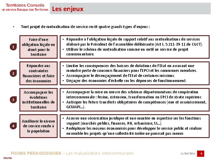 Les enjeux • Tout projet de mutualisation de service revêt quatre grands types d’enjeux