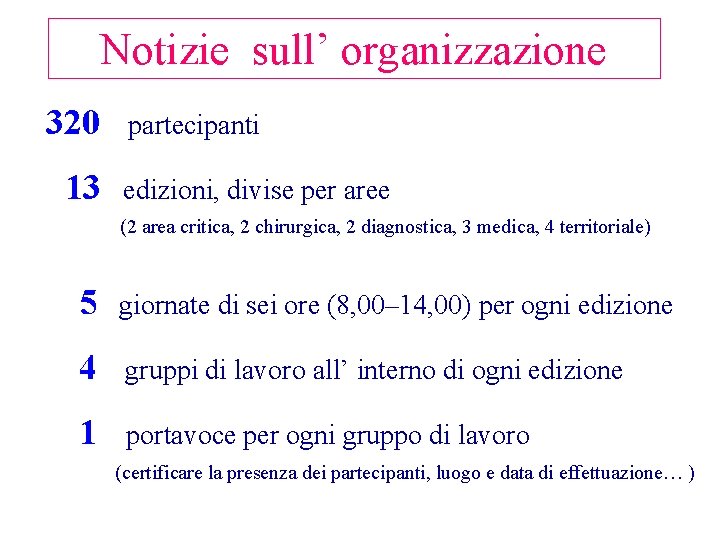 Notizie sull’ organizzazione 320 13 partecipanti edizioni, divise per aree (2 area critica, 2