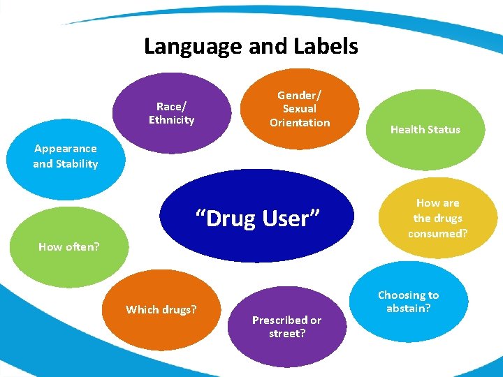 Language and Labels Gender/ Sexual Orientation Race/ Ethnicity Health Status Appearance and Stability “Drug