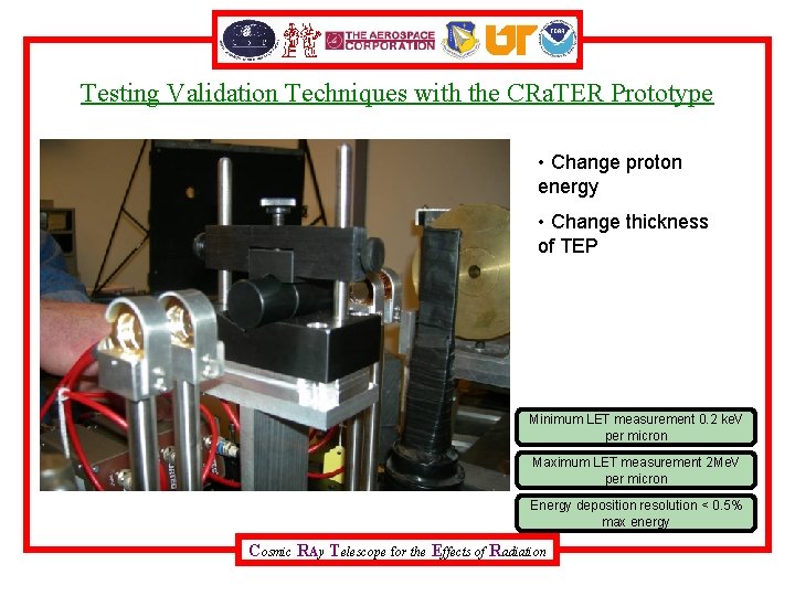 Testing Validation Techniques with the CRa. TER Prototype • Change proton energy • Change